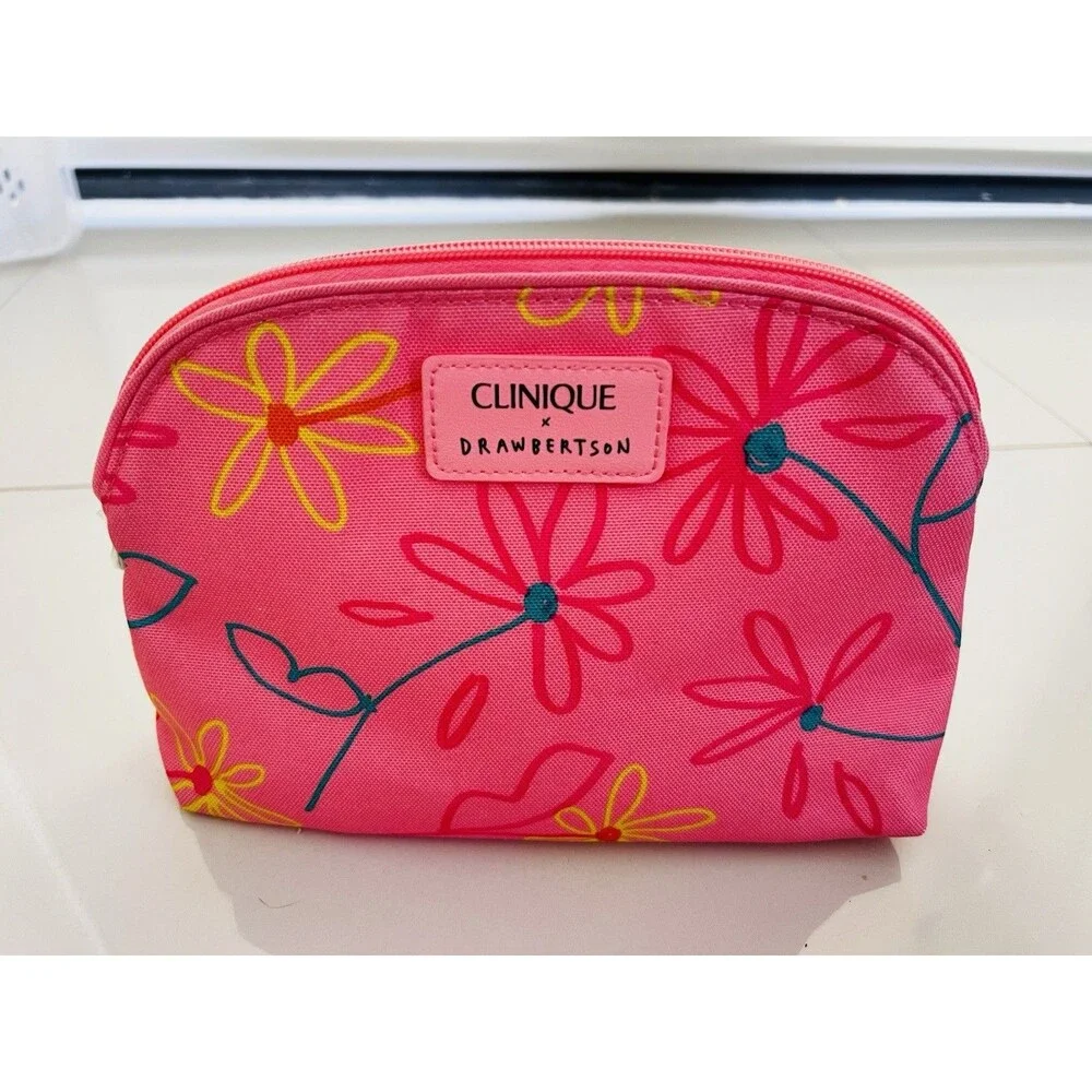 Clinique X Drawbertson Pink Floral Makeup Bag Zipper Cosmetic Pouch Travel NEW